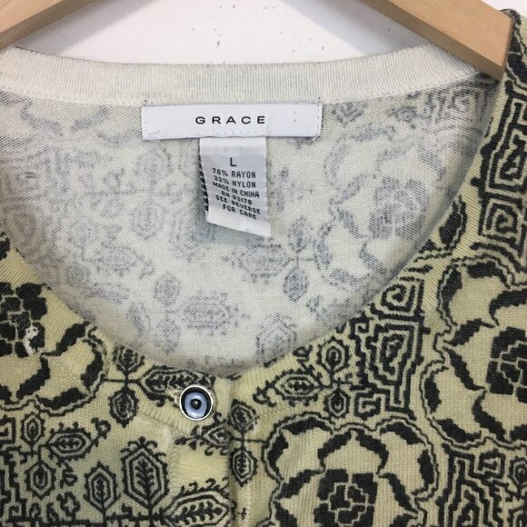 Grace Black and Tan Printed Short Sleeve Button Down Grandma Core Knit Top (L) - Picture 3 of 16